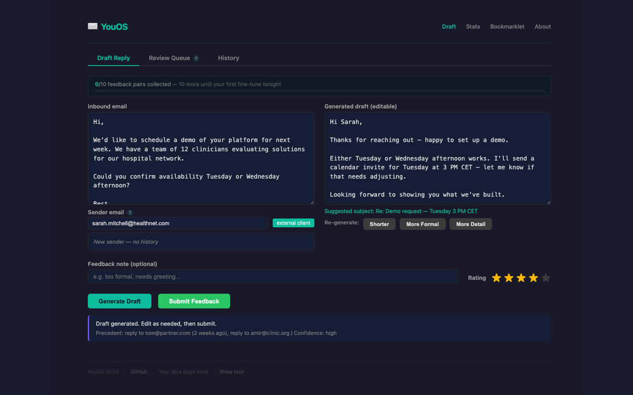 YouOS draft reply screen