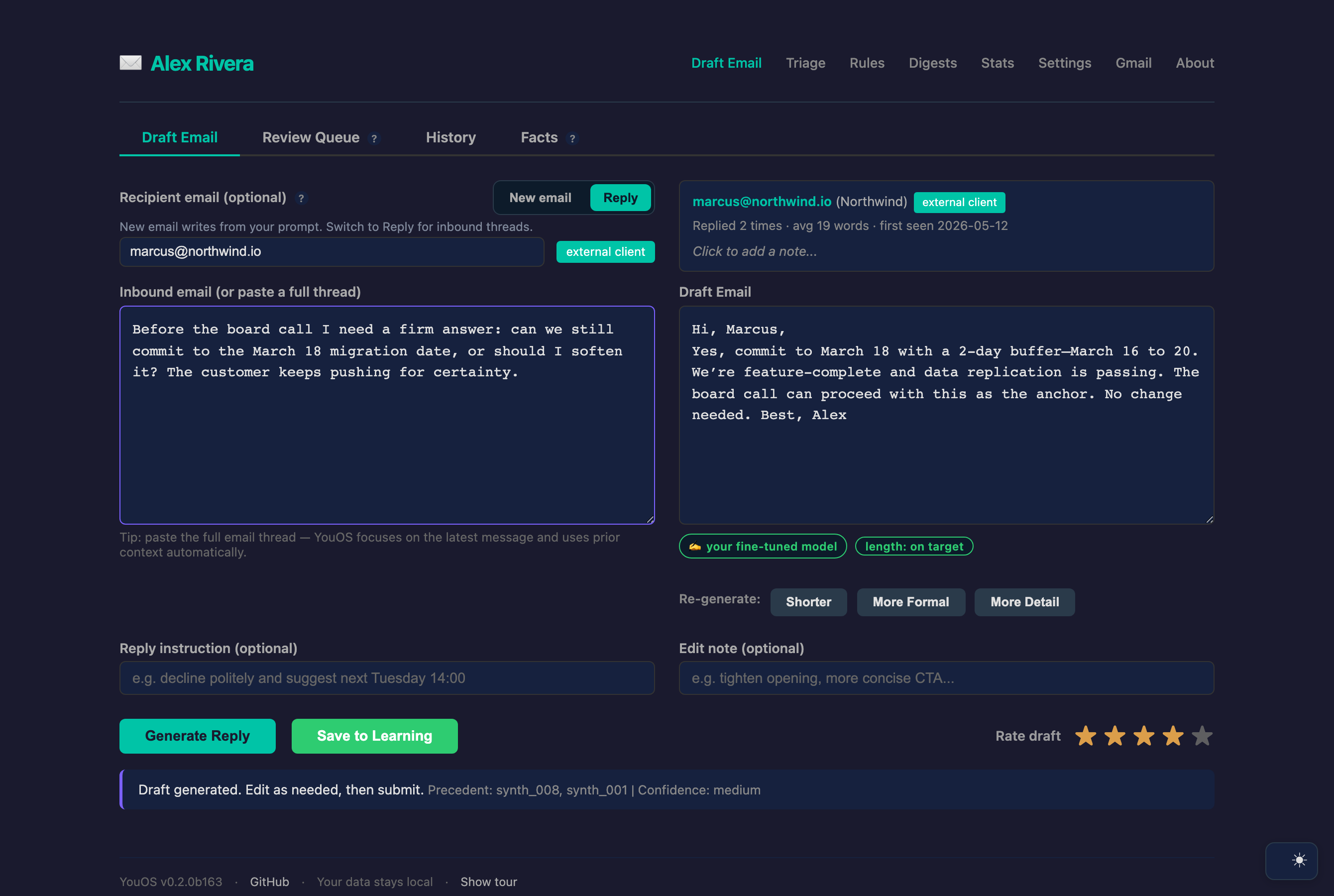 YouOS draft reply screen with a reply written by your fine-tuned model