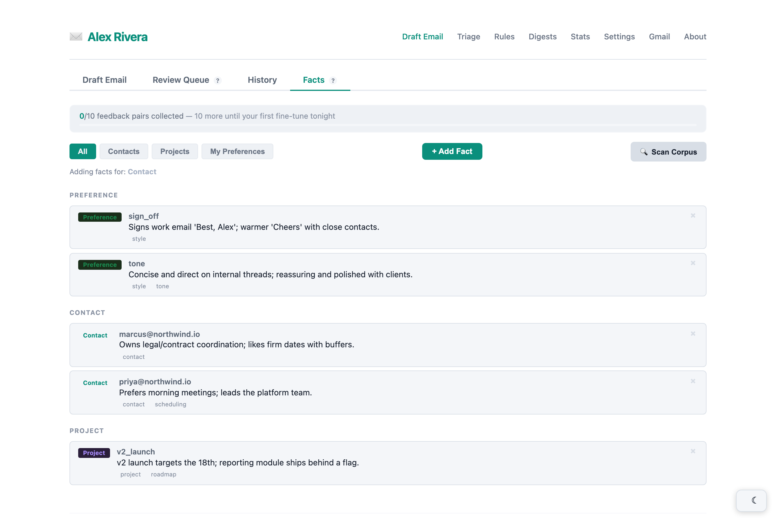 YouOS learned facts about contacts, projects and style