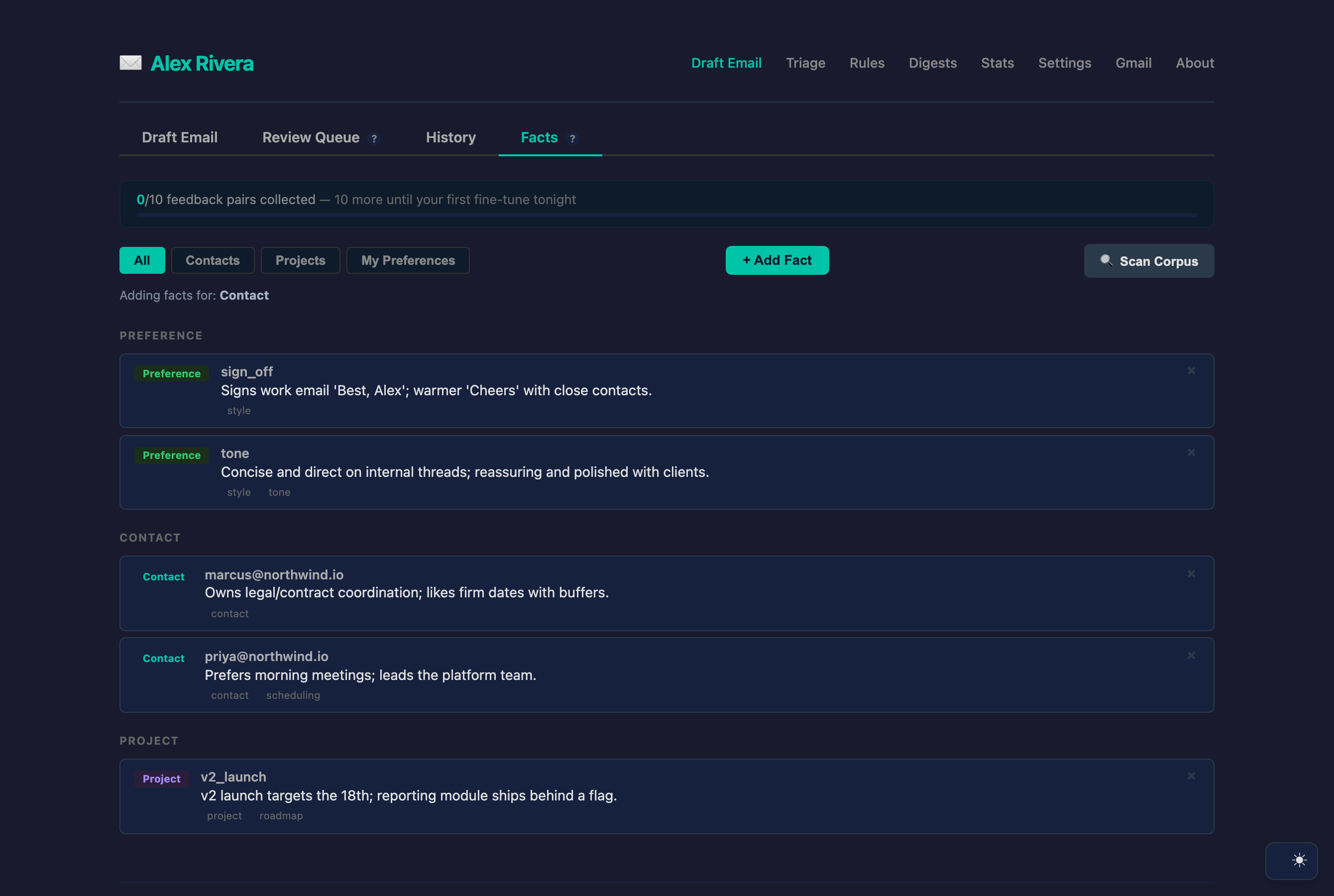 YouOS learned facts about contacts, projects and style